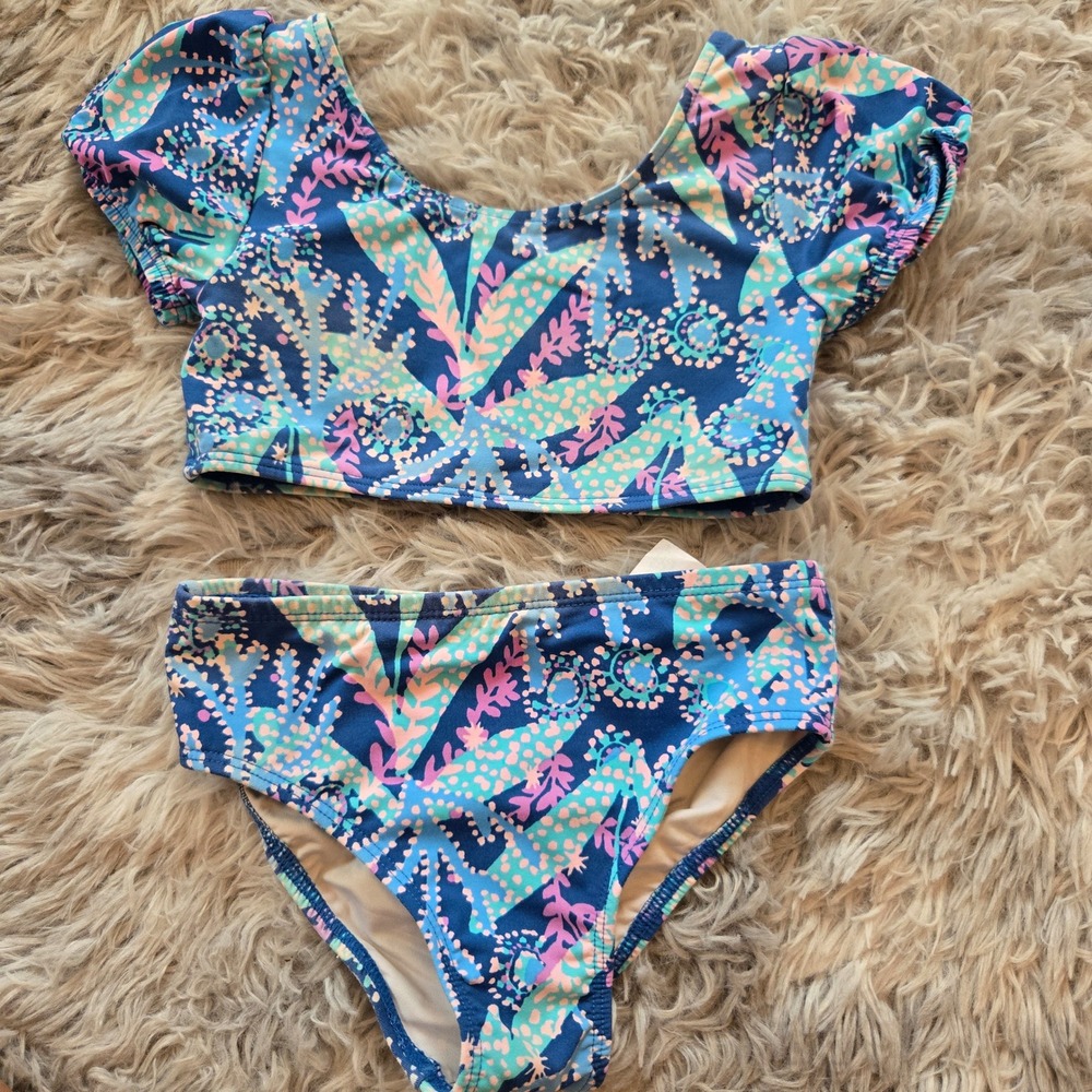 Lilly Pulitzer Girls Blue Pink Floral Puff Sleeve Bikini Two Piece Swimsuit 3
